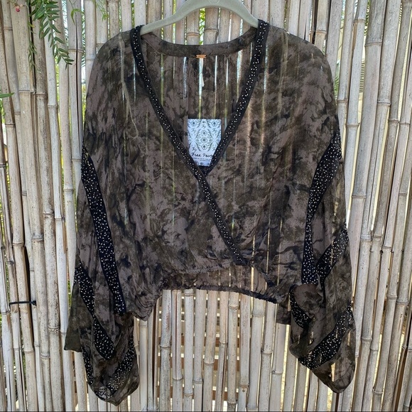 Free People Cropped sheer embellished beaded bell sleeves dye blouson top sz XS - Picture 3 of 15